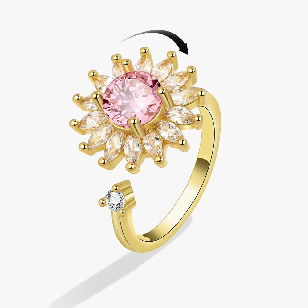 Anti-Stress Crystal Flower Spinner Ring Women Wedding Jewelry Gift
