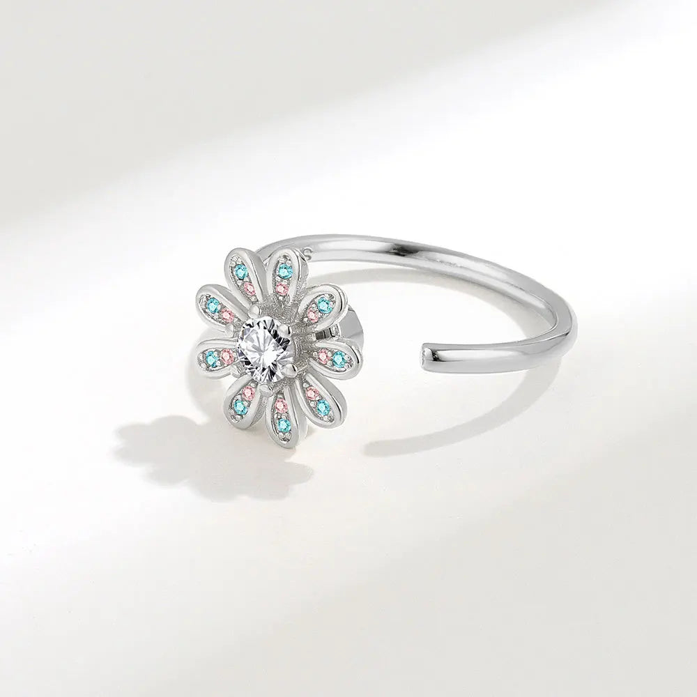 Anti-Stress Crystal Flower Spinner Ring Women Wedding Jewelry Gift