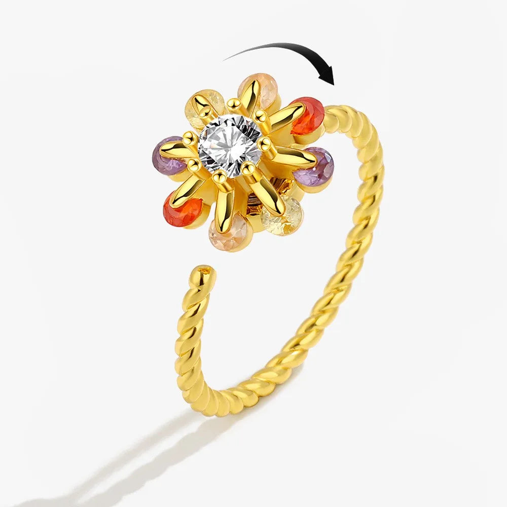 Anti-Stress Crystal Flower Spinner Ring Women Wedding Jewelry Gift