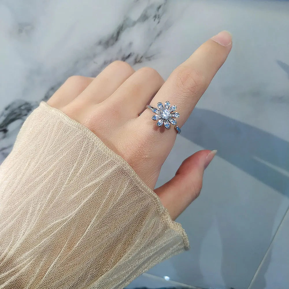 Anti-Stress Crystal Flower Spinner Ring Women Wedding Jewelry Gift