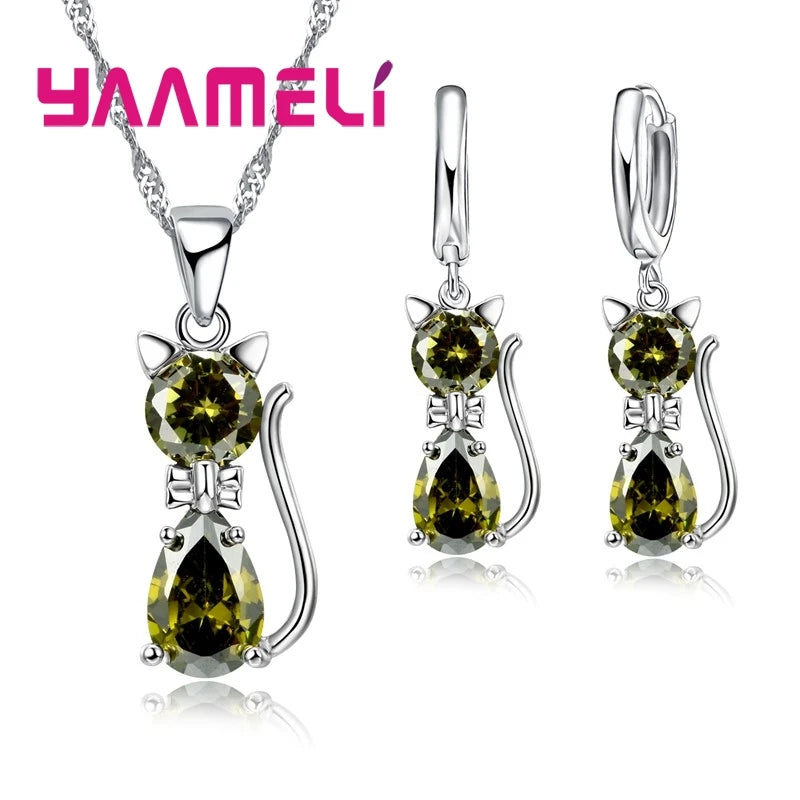 Women's Sterling Silver Austrian Crystal Cat Pendant Jewelry Set