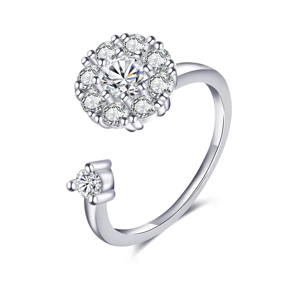 Anti-Stress Crystal Flower Spinner Ring Women Wedding Jewelry Gift