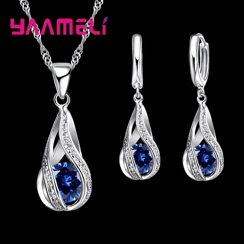 Women's 925 Silver CZ Water Drop Pendant Necklace Earrings Set Gif