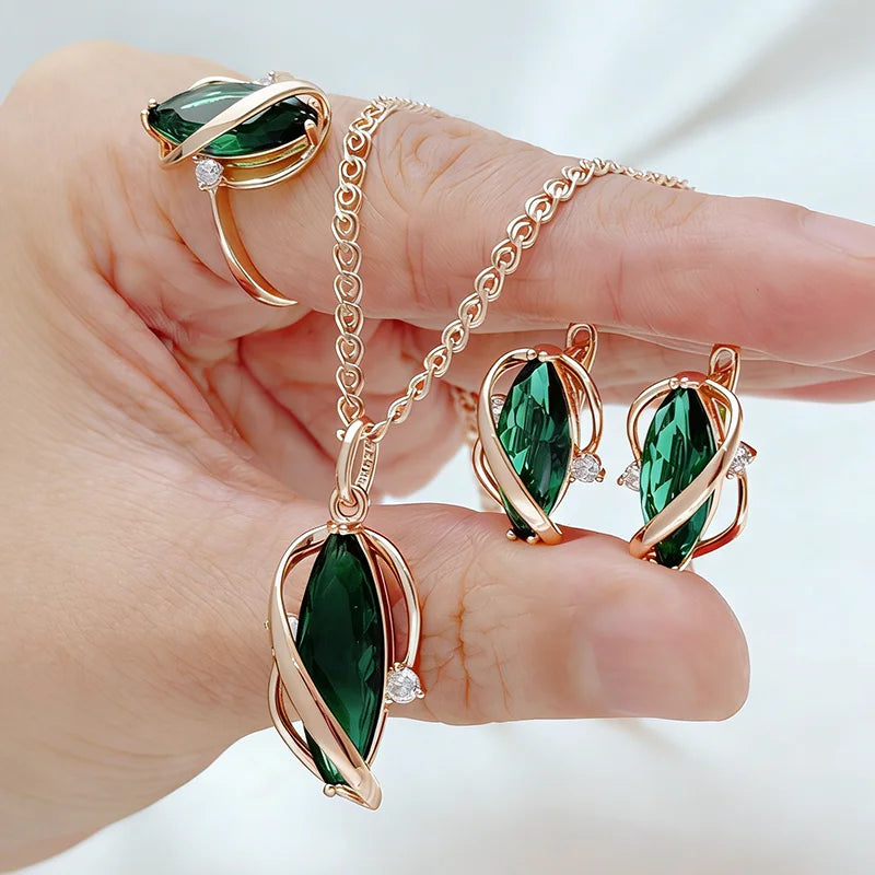 Women's Rose Gold Green Zircon Ring Earrings Necklace 3Pcs Jewelry Set