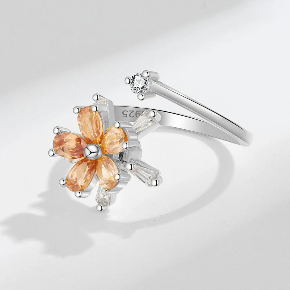 Anti-Stress Crystal Flower Spinner Ring Women Wedding Jewelry Gift