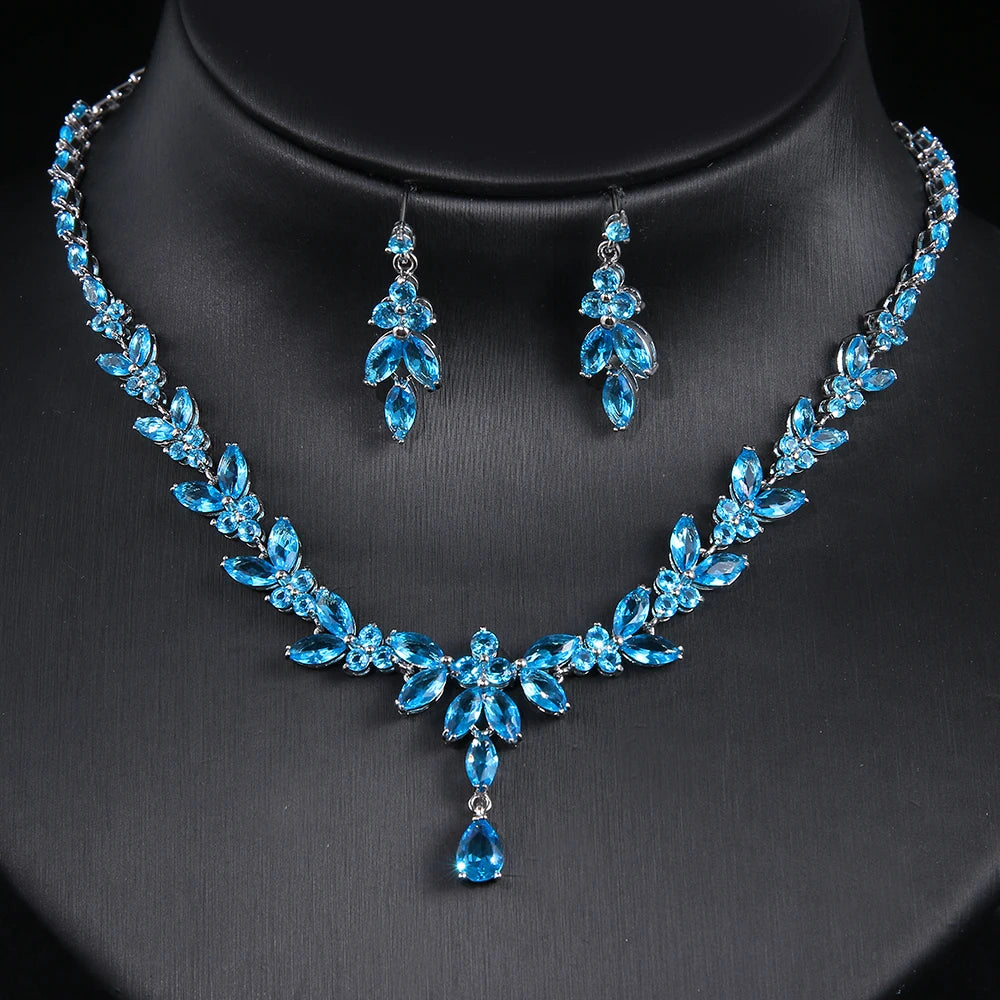 Women's CZ Stud Earrings Necklace Jewelry Set Wedding Party Gift