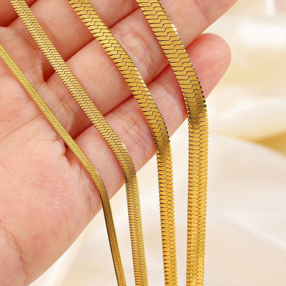 Unisex Herringbone Snake Chain Necklace Stainless Steel Gold Color