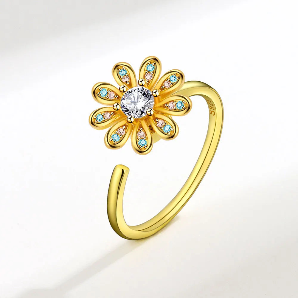 Anti-Stress Crystal Flower Spinner Ring Women Wedding Jewelry Gift