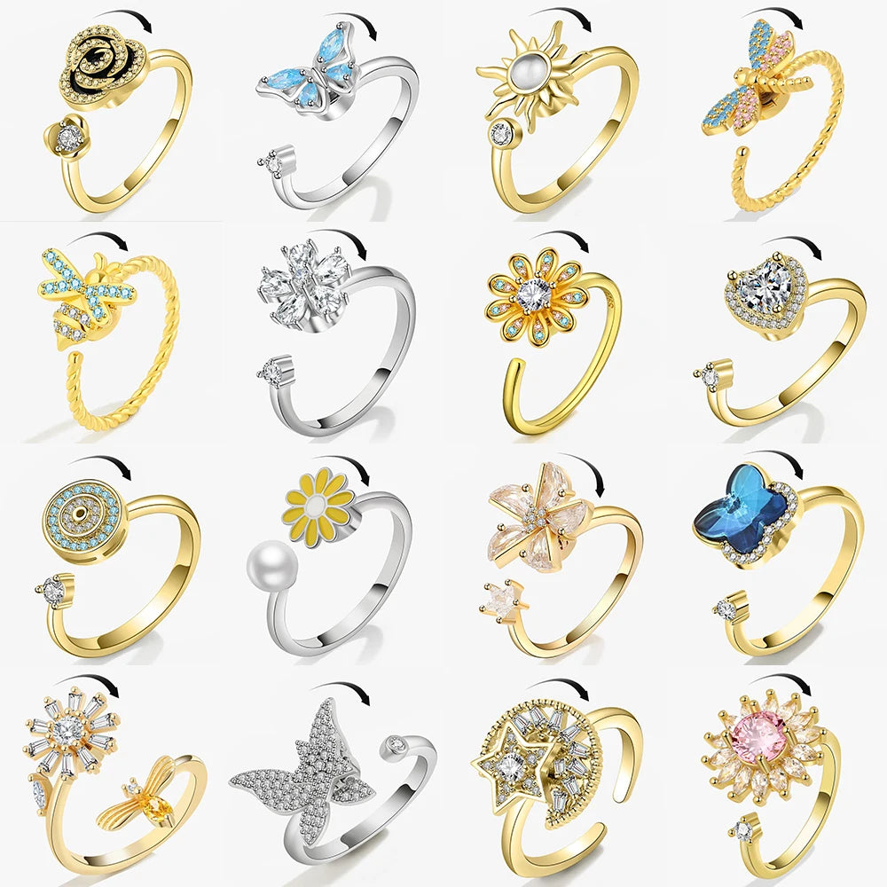 Anti-Stress Crystal Flower Spinner Ring Women Wedding Jewelry Gift