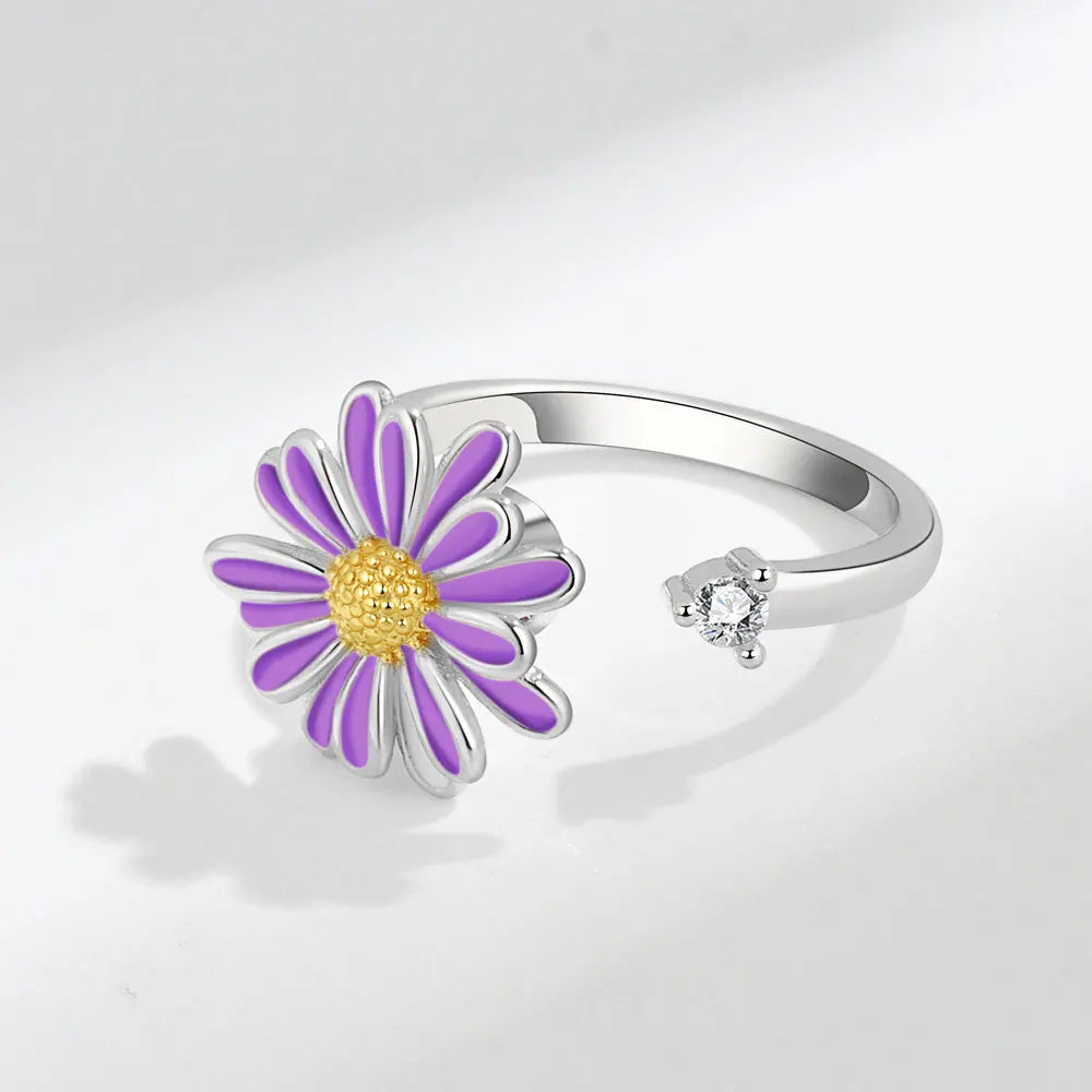 Anti-Stress Crystal Flower Spinner Ring Women Wedding Jewelry Gift