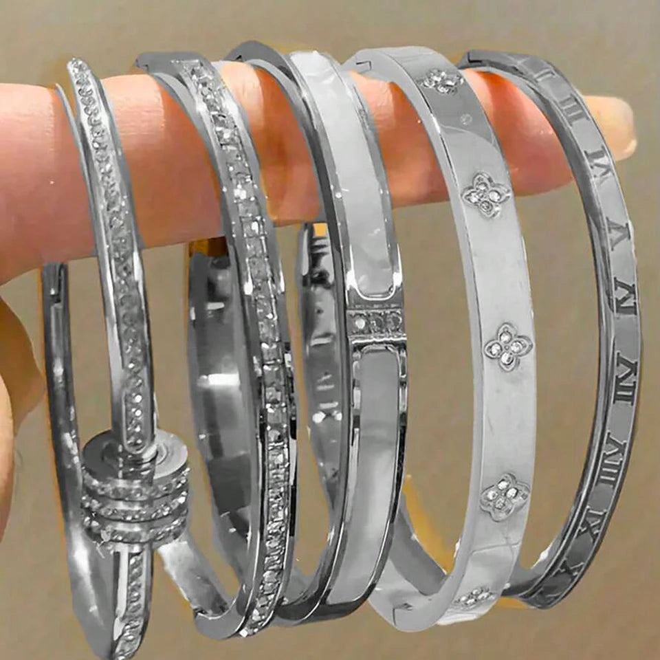 Women's Sparkling Zirconia Stainless Steel Stackable Bangle Set Gift