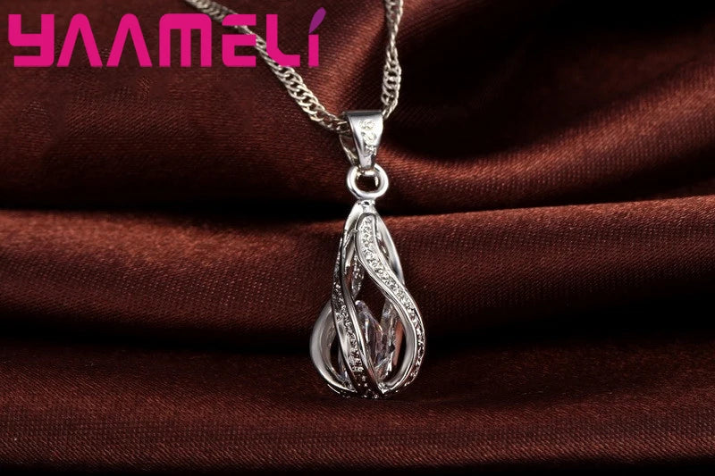 Women's 925 Silver CZ Water Drop Pendant Necklace Earrings Set Gif