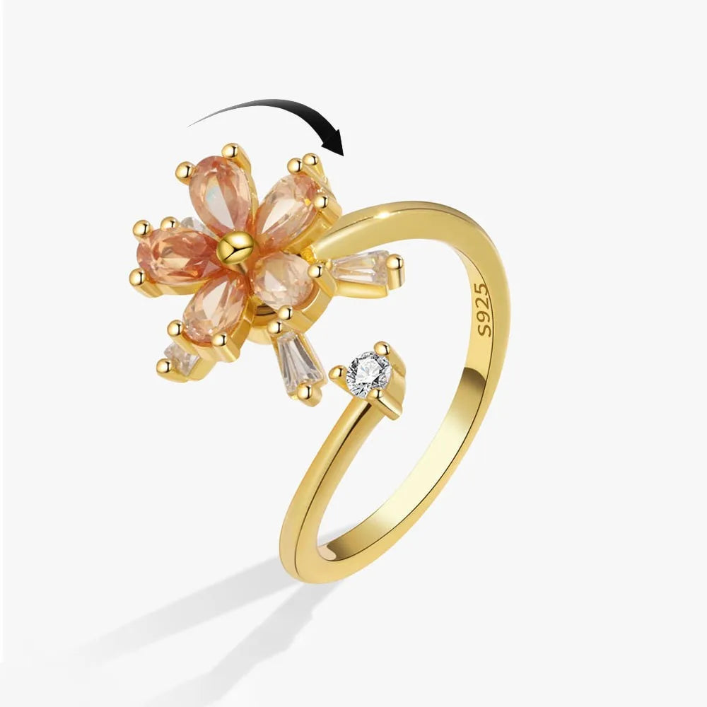 Anti-Stress Crystal Flower Spinner Ring Women Wedding Jewelry Gift