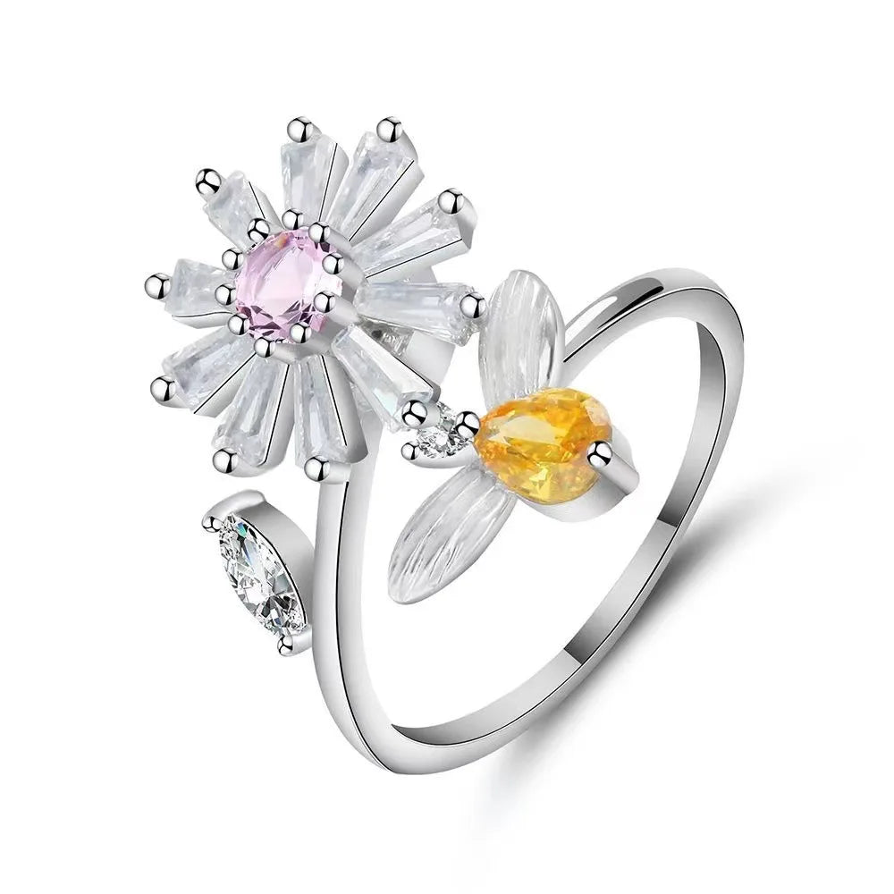 Anti-Stress Crystal Flower Spinner Ring Women Wedding Jewelry Gift