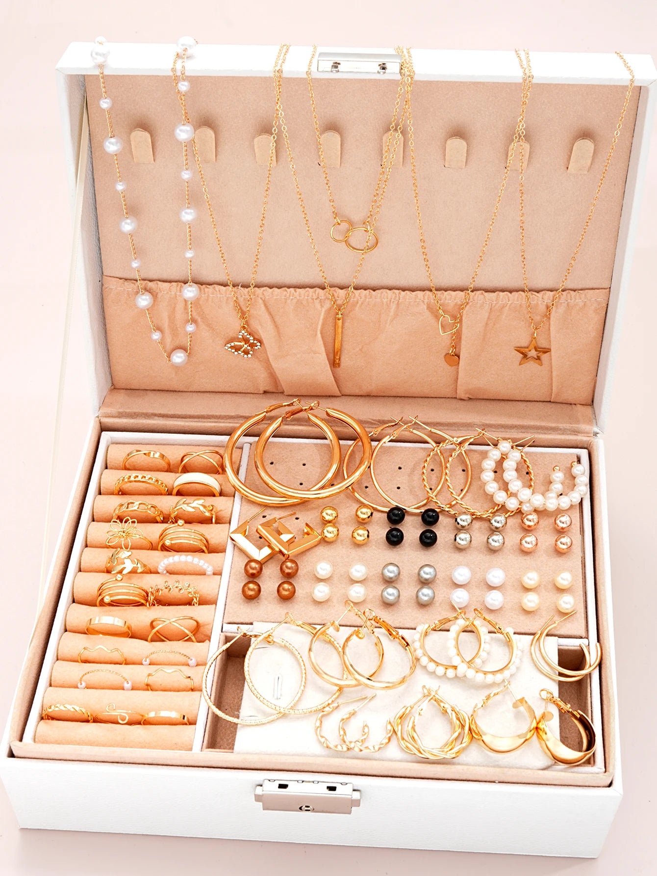Women's 86pcs Pearl Multi-Layer Necklace Earrings Ring Jewelry Set (No Box)