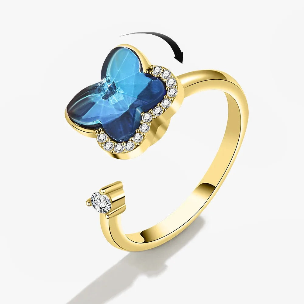 Anti-Stress Crystal Flower Spinner Ring Women Wedding Jewelry Gift