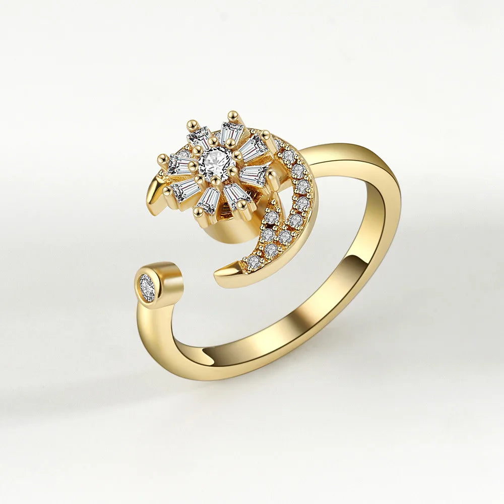 Anti-Stress Crystal Flower Spinner Ring Women Wedding Jewelry Gift