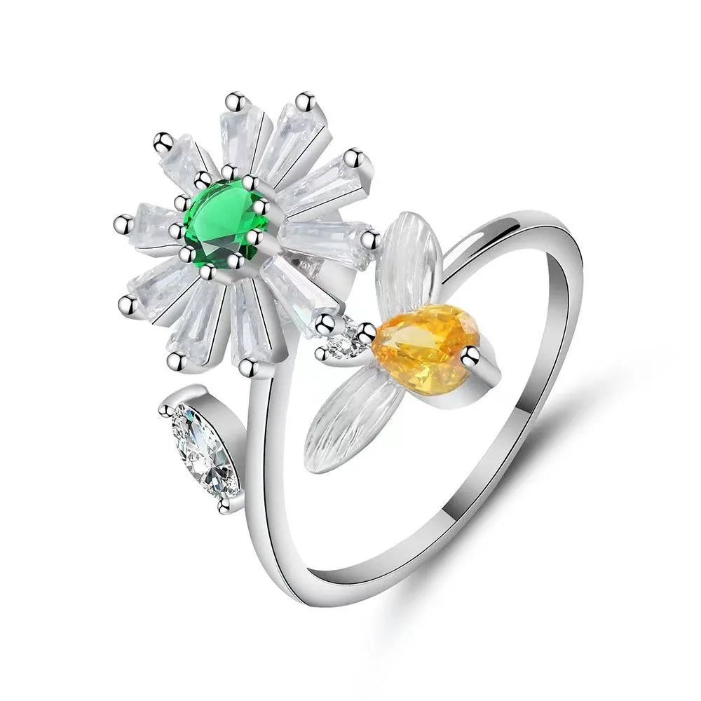 Anti-Stress Crystal Flower Spinner Ring Women Wedding Jewelry Gift