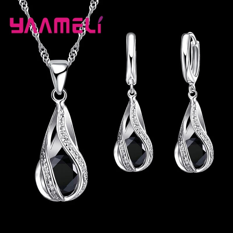 Women's 925 Silver CZ Water Drop Pendant Necklace Earrings Set Gif