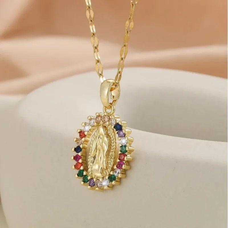 Fashion Micro Inlaid Zircon Virgin Mary Star Pendant Necklace Women